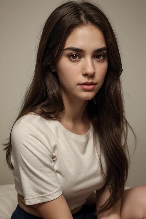 Hyper Realistic Portrait very realistic depicting: a  tomboy girl with a handsome face, long neck, thick eyebrows, wide thin lips, long wavy hair. With a long mulet hairstyle, Wearing a plain t-shirt and a super short and very tight skirt 