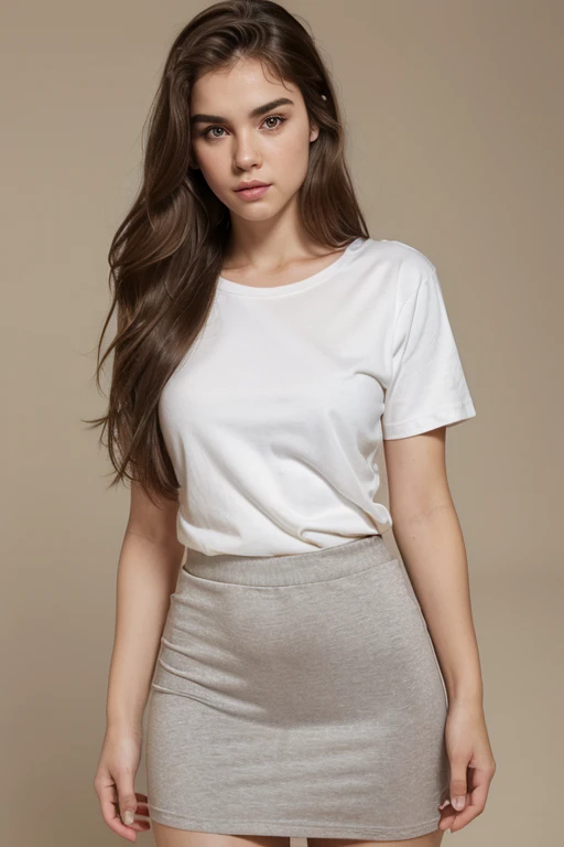 Hyper Realistic Portrait very realistic depicting: a  tomboy girl with a handsome face, long neck, thick eyebrows, wide thin lips, long wavy hair. With a long mulet hairstyle, Wearing a plain t-shirt and a super short and very tight skirt 