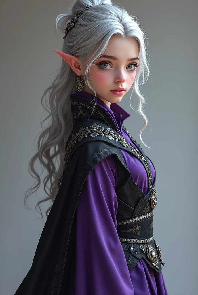 a full body photo, of a young elf healer, with purple clothes, silver and black her clothes are those of an elegant fighter 