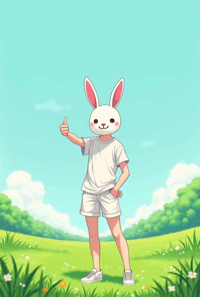   with white shorts and shirt and rabbit mask giving thumbs up and looking at the green field anime