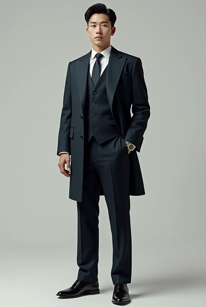 ((best quality,4k,highres,masterpiece:1.2)),((character concept art)), 1 male, age 32, Korean. Known for his calm and professional demeanor, embodies the role of a bodyguard. His body language is as commanding as his profession, always exuding confidence and readiness. He's usually seen in an Armani Tailored 3-Piece Suit, that lends a professional and stylish appearance. The outfit is complemented by Black Dress Socks and John Lobb Bespoke Black Oxford Shoes, known for their premium quality and classic design. He also sports a Rolex Submariner Wristwatch, a timeless accessory that adds a touch of luxury. ((intricate detail)), super finely detailed hands, ultra finely detailed fingers(((ten fingers))), (standing still confidently), (full body showcase), (show full body), (no logos on background), (no logo), ((plain background)), ((plain background)), (((empty background))).