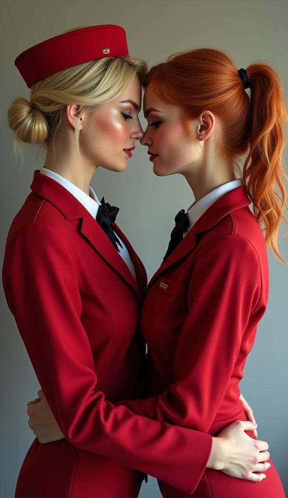 A very beautiful blonde stewardess and a very beautiful red-haired stewardess embracing each other、Staring at the camera。, whole body, Looking into the camera, 潤んだ目でLooking into the camera