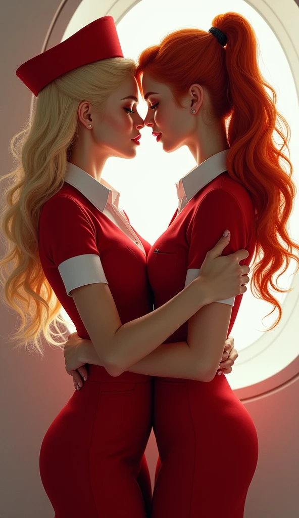 A very beautiful blonde stewardess and a very beautiful red-haired stewardess embracing each other、Staring at the camera。, whole body, Looking into the camera, 潤んだ目でLooking into the camera