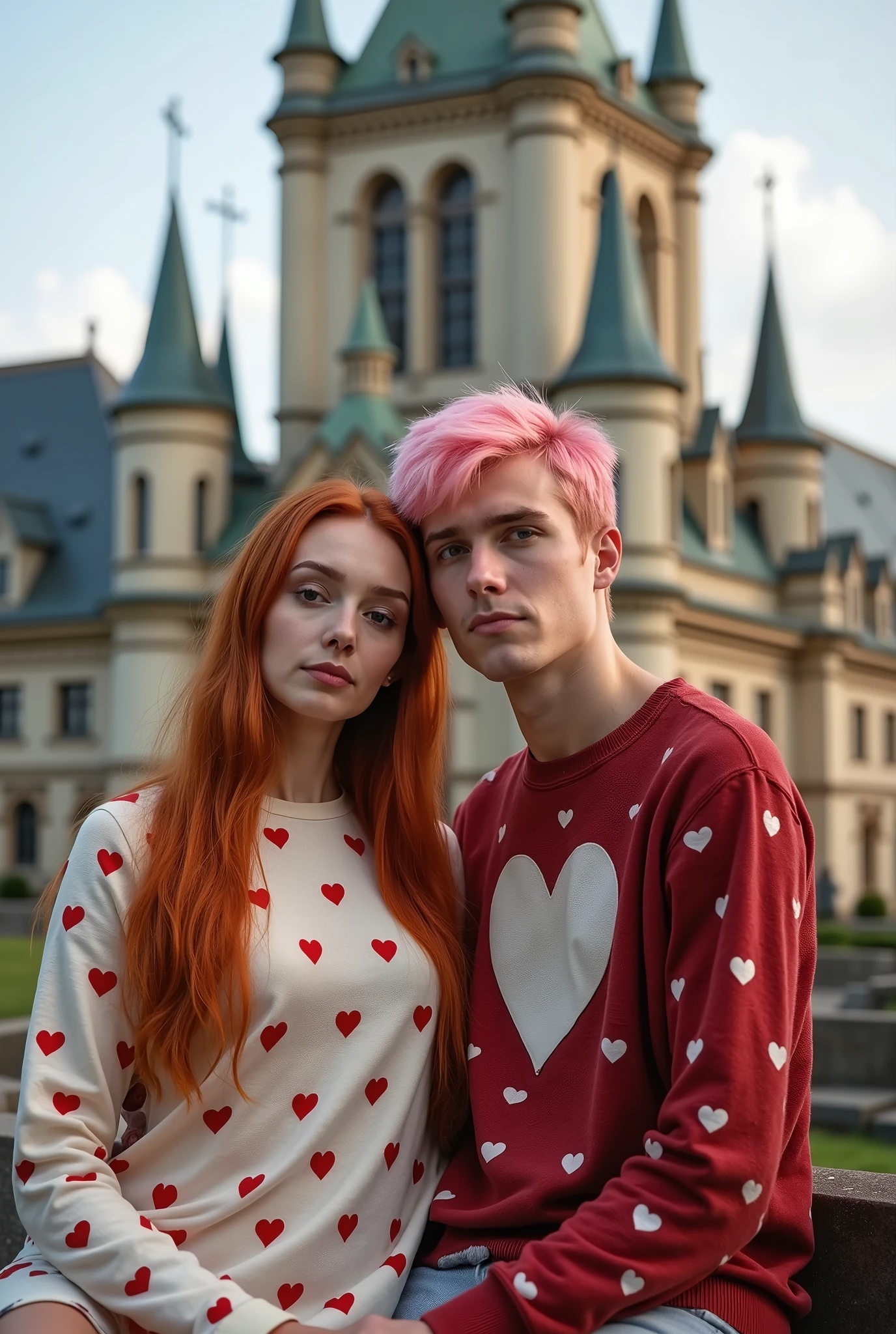 Redhead woman with her boyfriend with pink hair,with hearts clothes,sitting on a bench,looking straight ahead