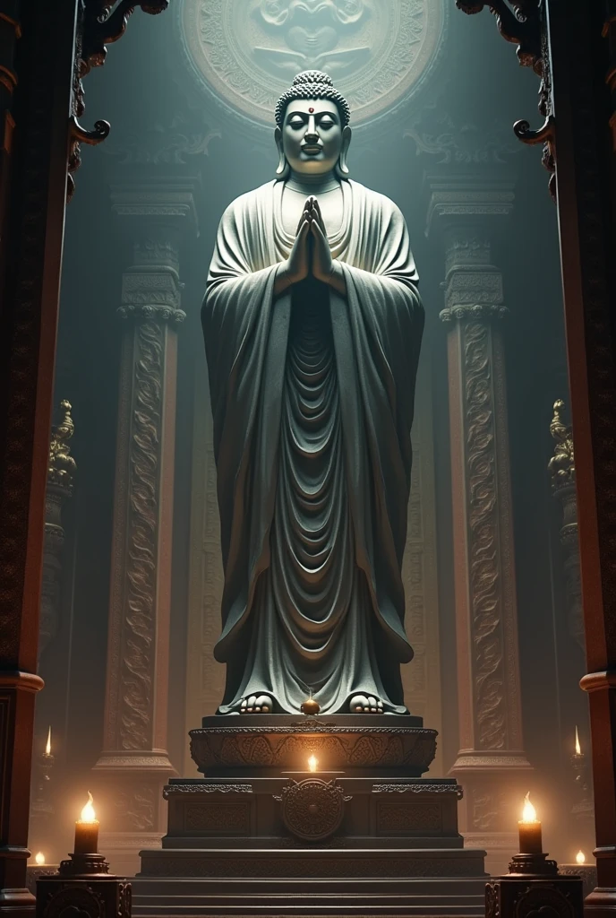 Create a 3D cinematic image of a majestic Buddha statue representing the Tathagata (Suchness) or Buddha of Great Enlightenment. The statue should be depicted in a grand and opulent setting that conveys a sense of supreme divinity and transcendence. Use a dark color palette to enhance the mystical and reverent atmosphere. The background should be rich and detailed, emphasizing the statue's monumental presence and spiritual significance. Include elements such as dramatic lighting and ethereal effects to highlight the Buddha’s exalted, transcendent nature, and create an overall impression of elevation and liberation from worldly attachments.