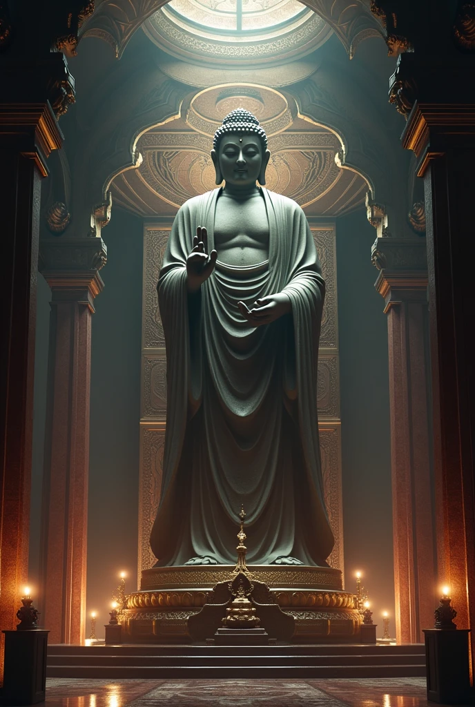 Create a 3D cinematic image of a majestic Buddha statue representing the Tathagata (Suchness) or Buddha of Great Enlightenment. The statue should be depicted in a grand and opulent setting that conveys a sense of supreme divinity and transcendence. Use a dark color palette to enhance the mystical and reverent atmosphere. The background should be rich and detailed, emphasizing the statue's monumental presence and spiritual significance. Include elements such as dramatic lighting and ethereal effects to highlight the Buddha’s exalted, transcendent nature, and create an overall impression of elevation and liberation from worldly attachments.





