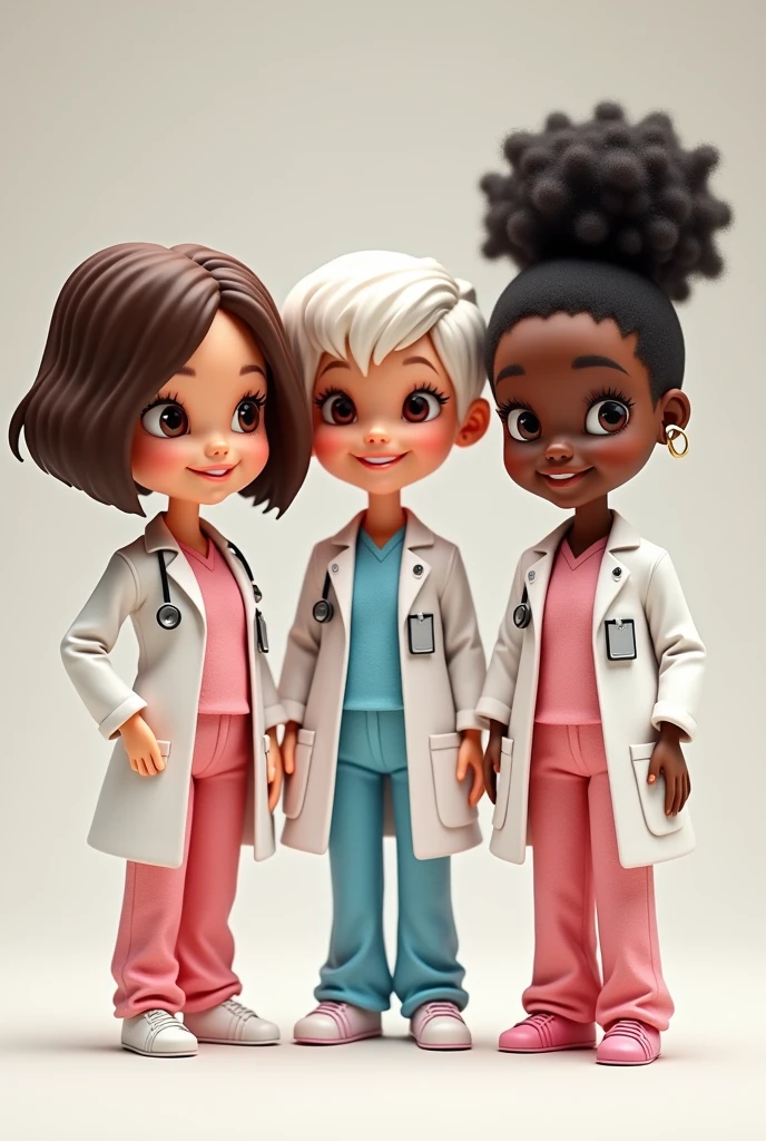 Create 3 Barbie-type caricatures with medical pajamas and a doctor&#39;s coat, one with short brown hair and a medium-chubby body , brown eyes, the other one has short white hair, brown eyes and the other one has dark skin, black curly hair and black eyes 