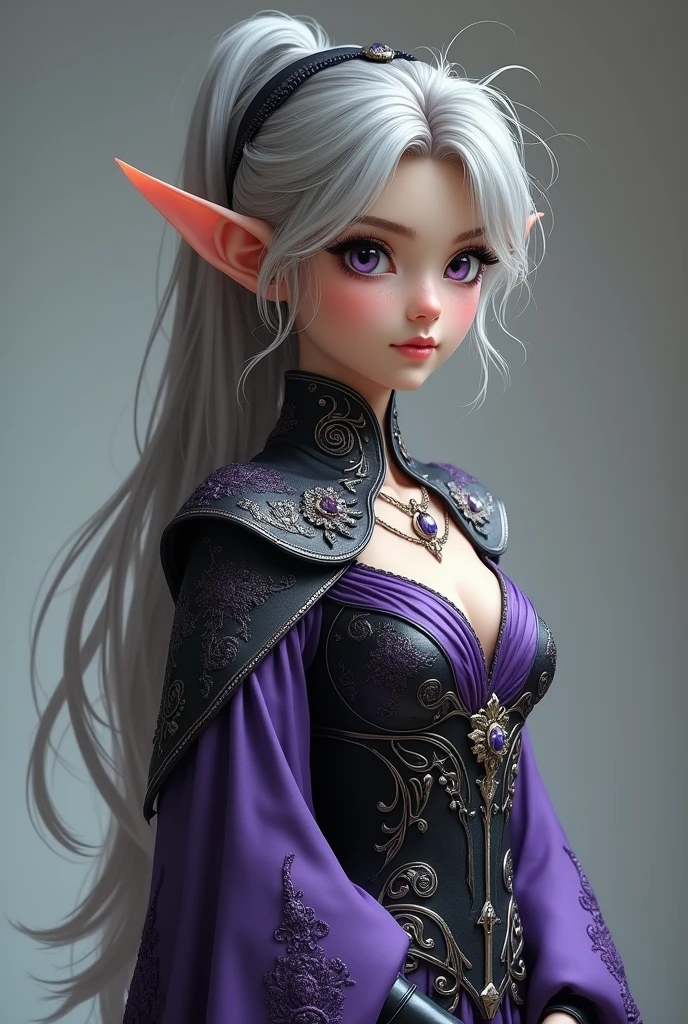 a full body photo, of a young elf healer, with purple clothes, silver and black her clothes are those of an elegant fighter 