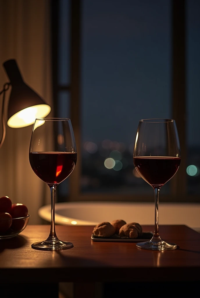 Photo of two wine glasses, on a desk, the night, in the living room of an apartment in Brazil, near the bathtub, without window