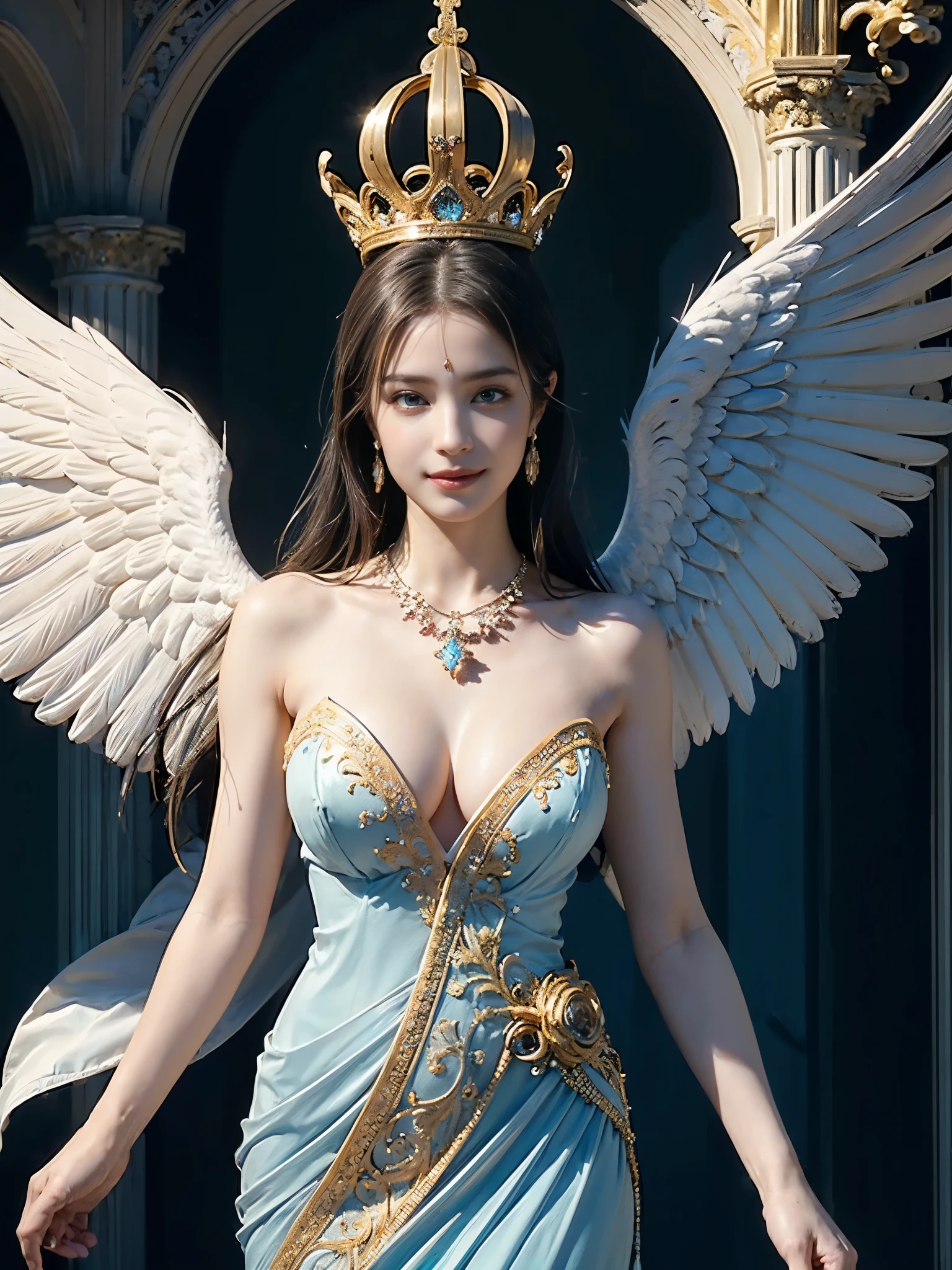 ((Very beautiful angel queen,The final form as a perfect angel, the masterpiece of an angel,Huge and intricate angel wings,The most dignified wings,Golden light,shining background,The most opulent and holy temple background,White and gold temple background,King of Angels, The most dignified angel, ((extremely detailed beautiful dresses)), (Intricate and solemn dresses, Light blue and gold embellishment dress on white, Light blue and gold dress on white base), (The most intricate and beautiful dresses, dresses decorated with some expensive jewels), ((extremely detailed gorgeous jeweled necklace)), Complex and majestic angel figure, The most intricately depicted figure of an angel, The World's Most Beautiful, Unimaginable beauties, (slim figure, attractive body shape, divine atmosphere), (smooth thin hair very fluttering in the wind, shiny hair), Intricate reproduction of the perfect angelic detail, The figure of an unimaginably gorgeous angel, The figure of an unimaginably huge angel)),((Most beautiful face, Half Japan and half Spanish, The biggest happy smile, The most luxurious and intricate dresses, The biggest smile looking at the camera)), Beautiful firm cleavage, beautiful clavicle, (Beautiful firm medium breasts), (Elegant standing figure, Fold your hands in front of your navel,)),Chest that seems to burst, Giant wings of angels, The background is the appearance of a perfect angel castle,Masterpiece,8K,very intricate, ultra detailliart, captivating and visually stunning piece of fractal art featuring, created by a renowned artist, vibrant colors. Formal artistic quality with strong aesthetic appeal.
