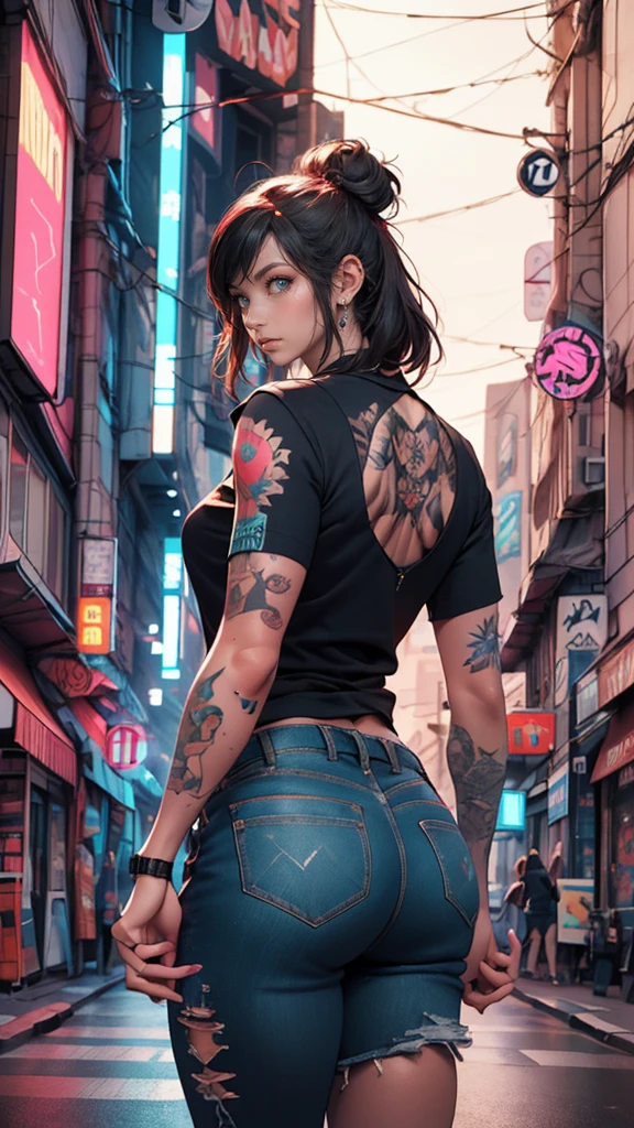 photo from behind .Tattooed woman in pink blouse holding hands to face, Vector art by Easy Medrano, Tumblr, Street art, Tattoo pattern, beautiful drawing style, Colorful illustration, Beautiful artwork, Mohbar and Malone, Very high quality artwork., Cyberpunk pattern color, Stunning art style, pop punk art style, artgasm, Badass look.photo from behind