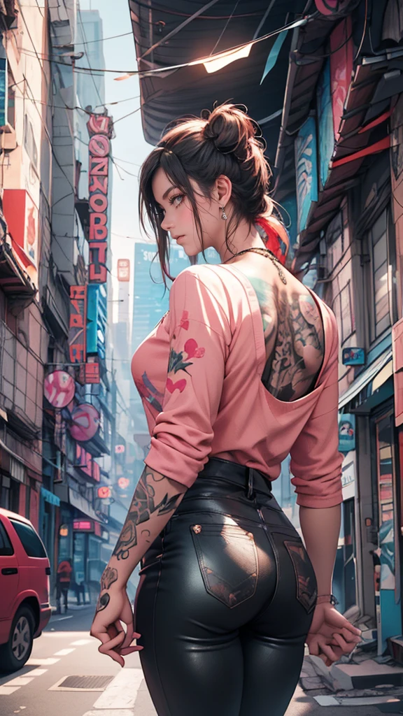 photo from behind .Tattooed woman in pink blouse holding hands to face, Vector art by Easy Medrano, Tumblr, Street art, Tattoo pattern, beautiful drawing style, Colorful illustration, Beautiful artwork, Mohbar and Malone, Very high quality artwork., Cyberpunk pattern color, Stunning art style, pop punk art style, artgasm, Badass look.photo from behind
