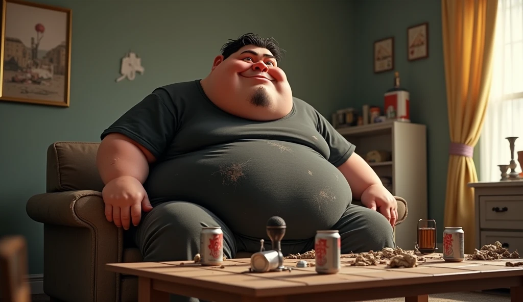 Im Stil von Pixar 3D-Animation filmen (Caricature). An extremely obese 30-year-old on a dirty sofa. He wears sweatpants and a stained black band shirt with sweat stains. His lower jaw protrudes to the overbite, his hair is black and greasy, he has a distinct beard shadow. In front of him a tiled table with waste, Beverage cans and a streaming microphone. The room is very messy and dirty.