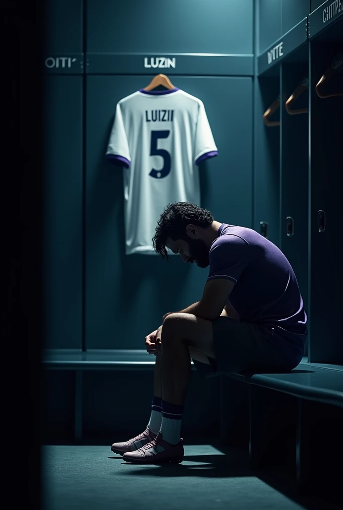 Make an image of ONE player tying his boots alone, with lights completely obscuring his face and him with black wavy hair and beard, the locker room is dark and the spotlights are shining on him and the Galados City team, uniform in white and purple colors and I want you to put a shirt behind and on top of it with the number 5 and the name LUIZIN. Make your surroundings completely dark. LET HIM keep his head completely down and focused, and I just want 1 shirt behind him. put the team name “Galados City” on a sign above the shirt and below the spotlight. let him sit on a bench. put on just 1 shirt and that shirt will be above it, on a coat rack and below the sign “Galados City”. the shirt above him in purple and white