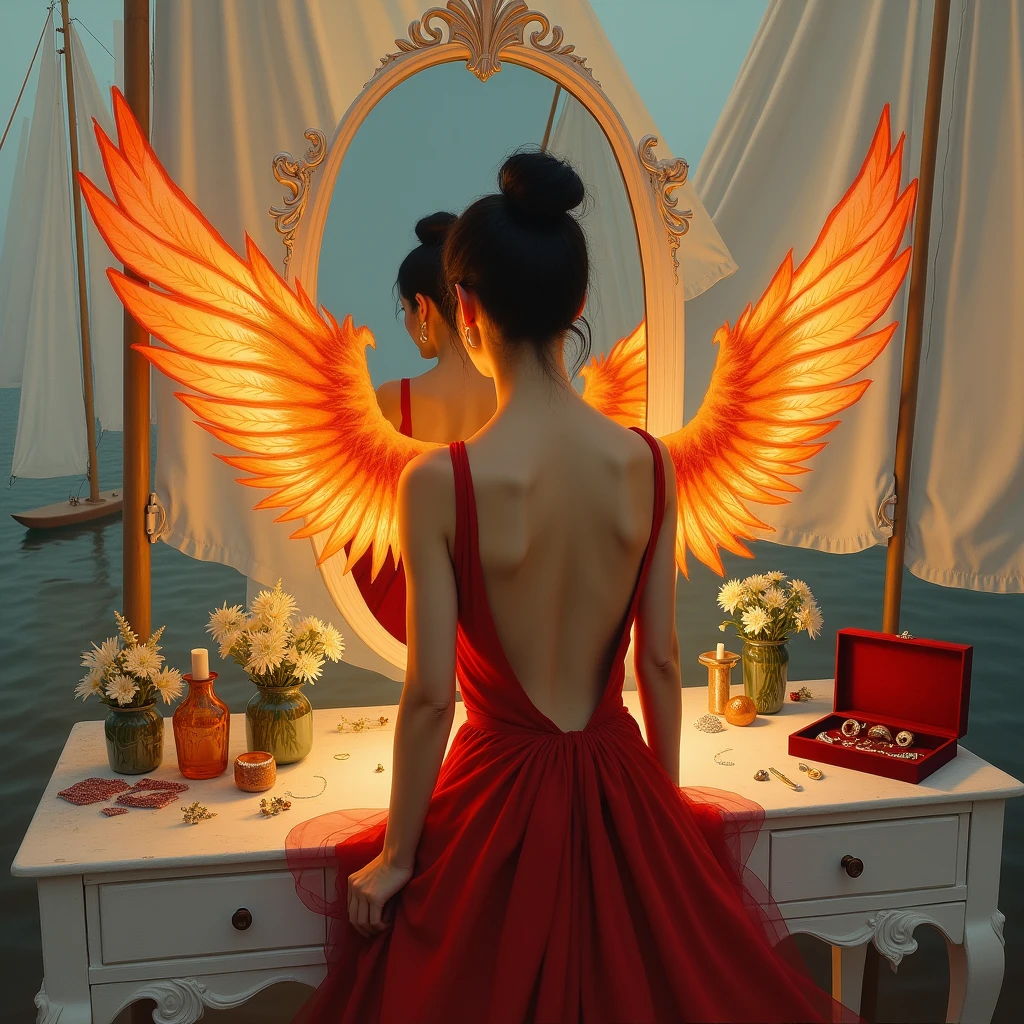 realistic oil painting version of a nice dressing table, which has white sails, an open velvet box with jewelry, white flowers and a mirror, In the mirror you can see THE REFLECTION of the back of a woman with jet black hair, which is in a bun, with a red open back dress, Beautiful wings made of fire emerge from the woman&#39;s back.. like the phoenix 