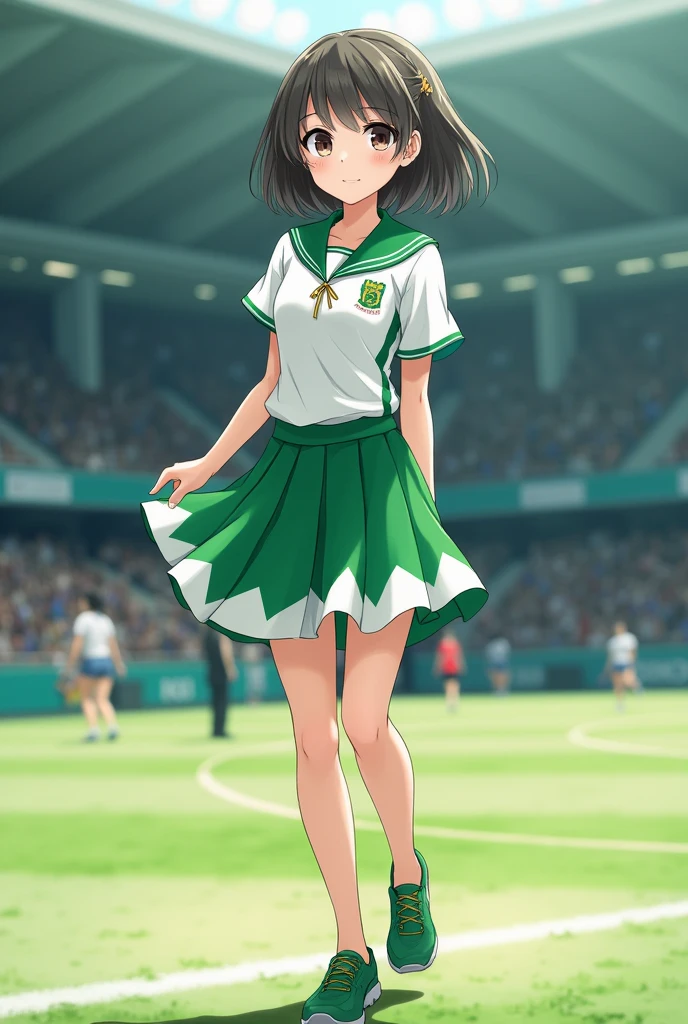 (1girl, solo, highly insanely detailed, masterpiece, top quality, best quality, highres, 4k, 8k, RAW photo),((innocent look)),((Childish)),From the front, symmetrical composition,smile,cute,Innocent,Kind eyes,Flat chest,Hairless vagina, Cameltoe,Gunsmith Cats Style,forest, ppgzbtc, green eyes, short hair, earrings, yellow vest, green skirt, 