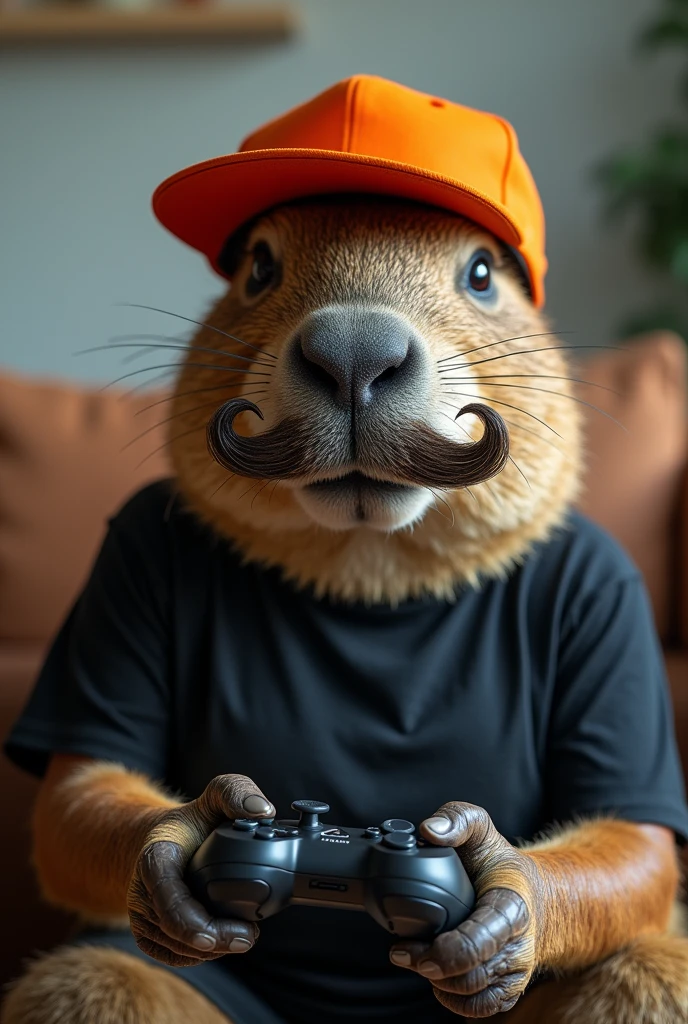 capybara face with mustache playing video game in black t-shirt and orange cap