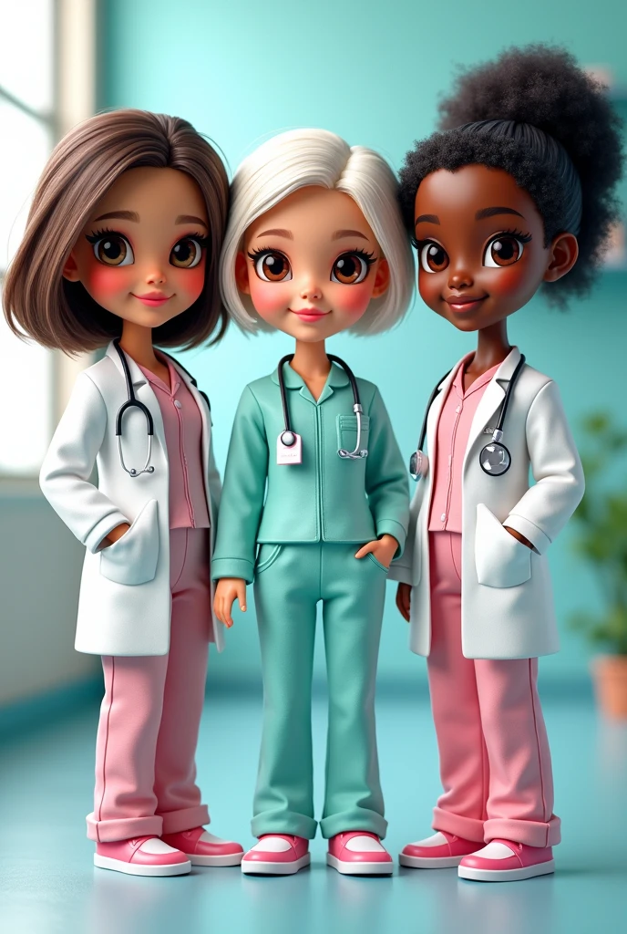 Create 3 Barbie-type caricatures with medical pajamas and a doctor&#39;s coat, one with short brown hair and a medium-chubby body , brown eyes, the other one has short white hair, brown eyes and the other one has dark skin, black curly hair and black eyes ,adult