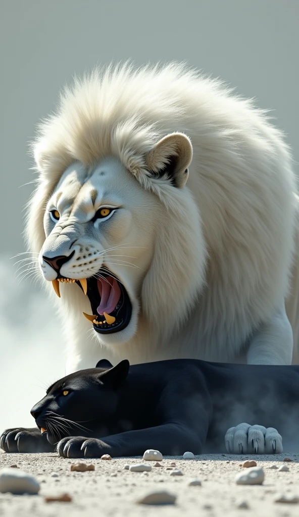 "Create a hyper-realistic image showing a dramatic scene between a black panther and a white lion. The image features a defeated black panther lying on the ground, clearly exhausted and beaten. Nearby, the enormous, powerful white lion dominates the scene as the clear winner. The white lion, depicted as a majestic predator, has sharp teeth and an imposing size that contrasts with the vulnerable position of the black panther. The setting is stark and emphasizes the black panther's loss and the white lion's dominance. The details of both animals are extremely realistic, focusing on the black panther's sleek fur texture and the white lion's majestic mane and teeth. The image is in portrait orientation with a resolution of 1080x1920."