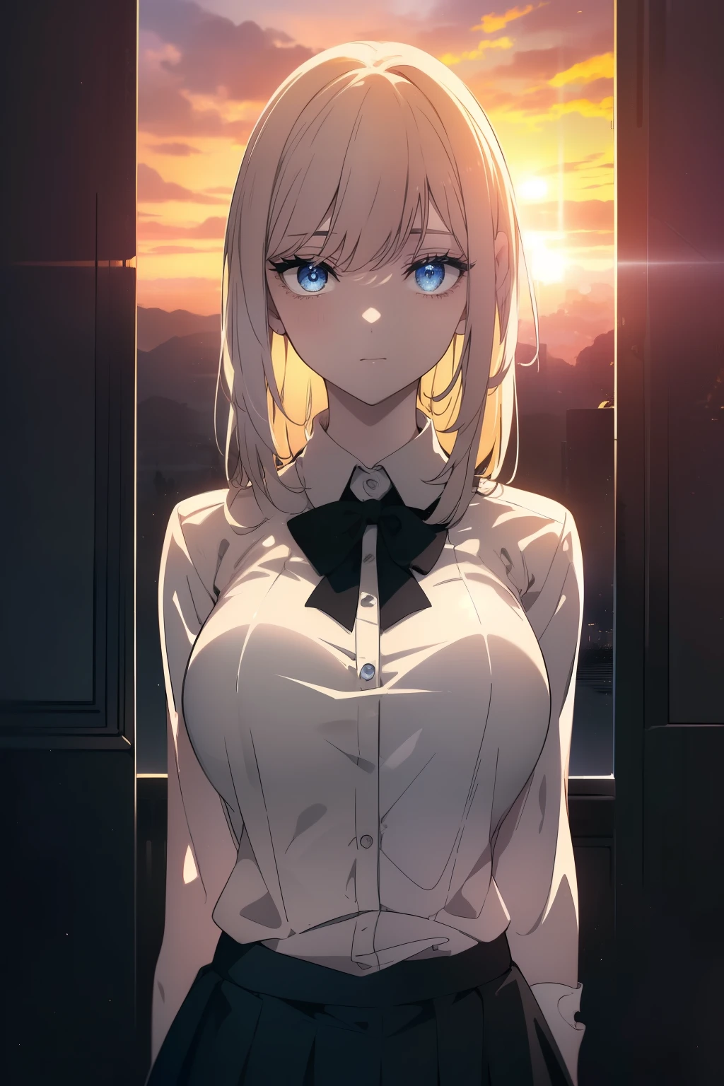 (((Obra maestra, La mejor calidad, ultrahigh resolution))), 1girl, standing, school uniform, white office shirt, black pleated skirt, ((light white hair:0.7)), long hair cut, pale skin, ((blue eyes)), glowing_eyes, neon eyes, (((ultra detailed eyes, beautiful and detailed face, detailed eyes))), ((centered)), smile, ((wide shot)), facing viewer, eye level, (((sunset background, massive detailed sun behind subject))), normal breasts, looking at viewer, ((half closed eyes)), ((perfect hands)), (((head, arms, hips, elbows, in view))), ((hands behind back)), empty eyes, beautiful lighting, outside, outdoors, shooting star:0.7, background, defined subject, 2, ((open scenery background))