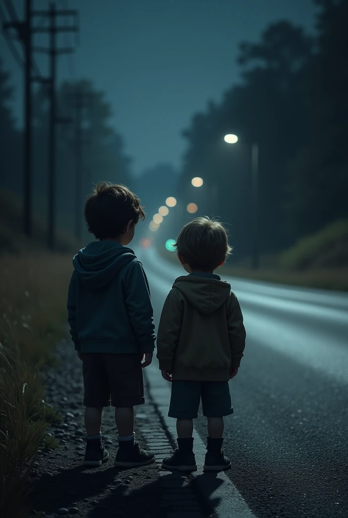An image that is on the road and shows 2 children between 3 and with their backs turned, that the children and the road look as realistic as possible, that the two children are men and very real, and that it is at night on the side of the road, the children are located.