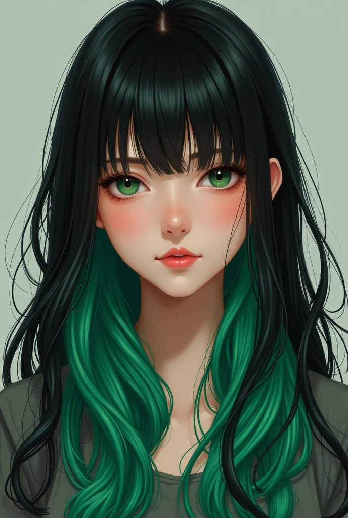 A girl with long black hair parted in the middle and in front of her emerald green hair without bangs and with realistic casual clothes