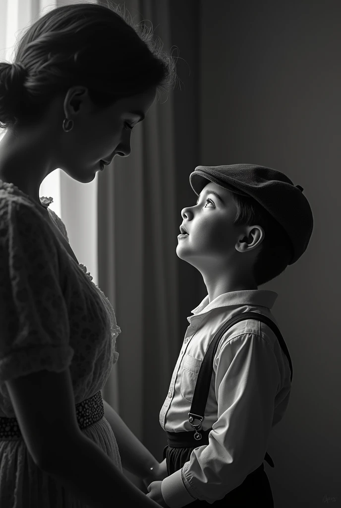 A 12yo boy in 1920s era, crying to him mother, wide angle shot, looing up at mother, black and white