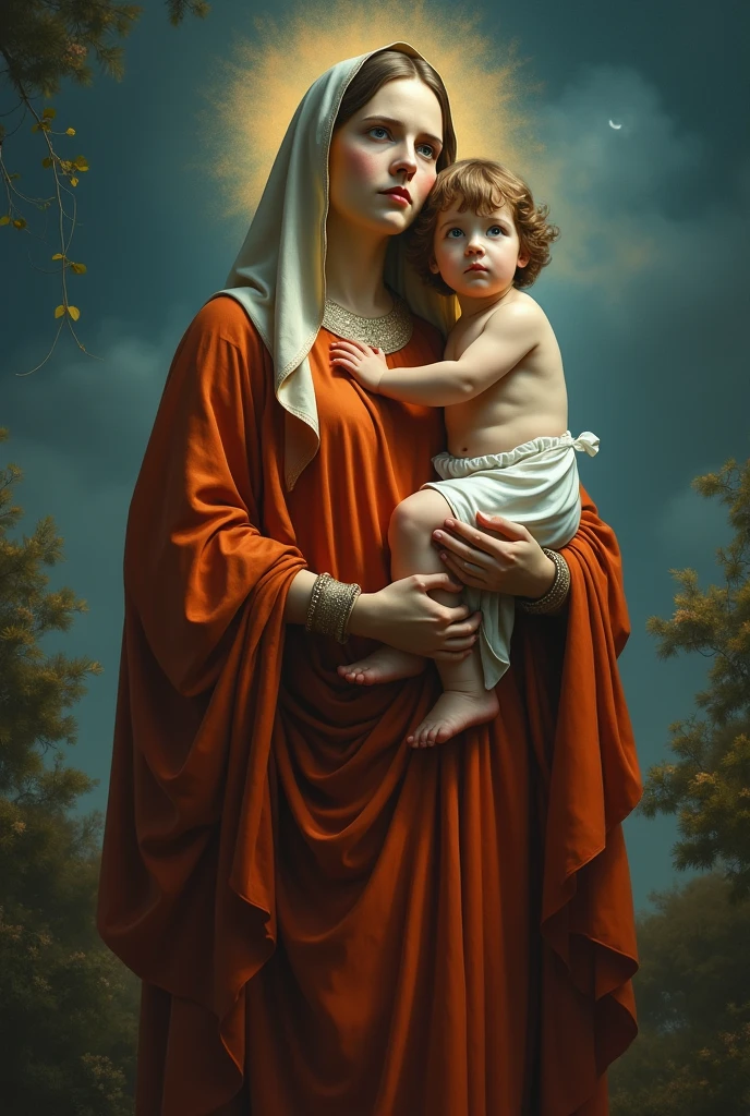 ((Cinematic photo of a beautiful and (((VIRGIN MARY OF CARMEL AND CHIL Jesu. .  Art by: JOAQUIN SOROLLA, THE GRECO, WILLIAM  ADOLPHE  BOUGUEREAU))) in full Colors. full body. Hello poster, Noah Bradley, Luis Royo, Tuomas Korpi, Neil Blevins,  screen print, pastel colors, cinematic, elegant, intricate, 8k, trending on artstation, concept art, sharp focus, illustration, hyper), (Beautifully Color Graded), Unparalleled Quality,, Hard Surface Modeling), American Tonalist, Expression of Determination, (Iridescent), CANON-Eos-C300-ƒ4-15mm, Colorful, Surrealist Surprise), Infrared Unseen, (Impressionist Oil Art), Victorian Elegance, Elegant Perfectionism), Beautiful, (Moonlit Shadows) Post-processing, Photographed by a Nikon Z7 II Camera