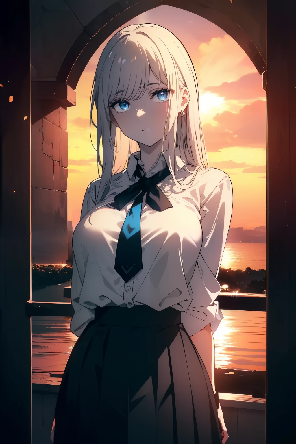 (((Obra maestra, La mejor calidad, ultrahigh resolution))), 1girl, standing, school uniform, white office shirt, black pleated skirt, ((light white hair:0.7)), long hair cut, pale skin, ((blue eyes)), glowing_eyes, neon eyes, (((ultra detailed eyes, beautiful and detailed face, detailed eyes))), ((centered)), smile, ((wide shot)), facing viewer, eye level, (((sunset background, massive detailed sun behind subject))), normal breasts, looking at viewer, ((half closed eyes)), ((perfect hands)), (((head, arms, hips, elbows, in view))), ((hands behind back)), empty eyes, beautiful lighting, outside, outdoors, shooting star:0.7, background, defined subject, 2, ((open scenery background))