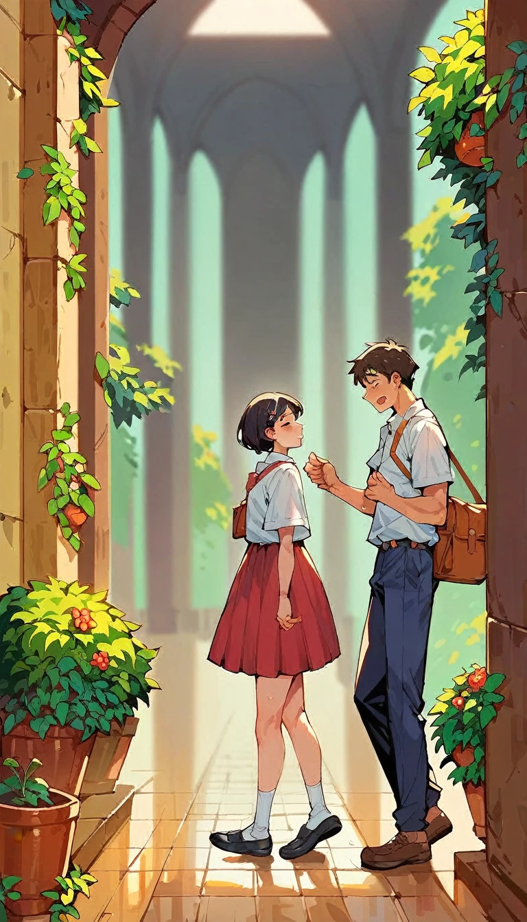 (score_9,score_8_up,score_7_up,score_6_up,score_5_up,score_4_up), best quality, masterpiece, perfect hands, ((1boy, 1girl)), {extreme size difference, extremely tall girl, extremely short boy}, side view, school, walking down the hall, inside