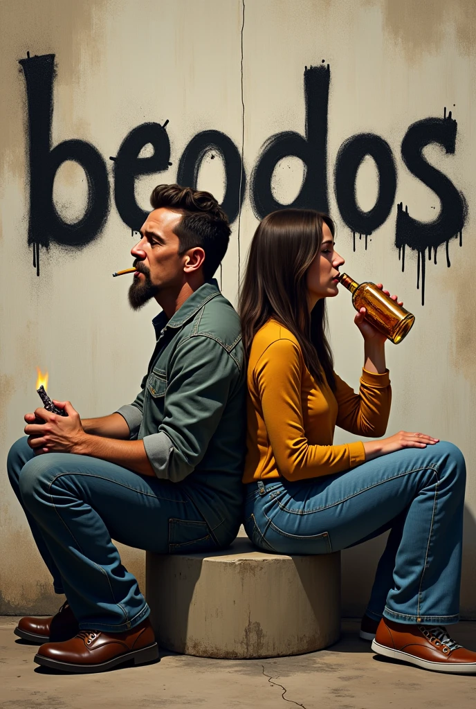 Generate a realistic style logo of a man sitting on the floor smoking a cigarette, woman sitting on the floor drinking a bottle of whiskey, back to back, graffiti text "BEODOS", happy