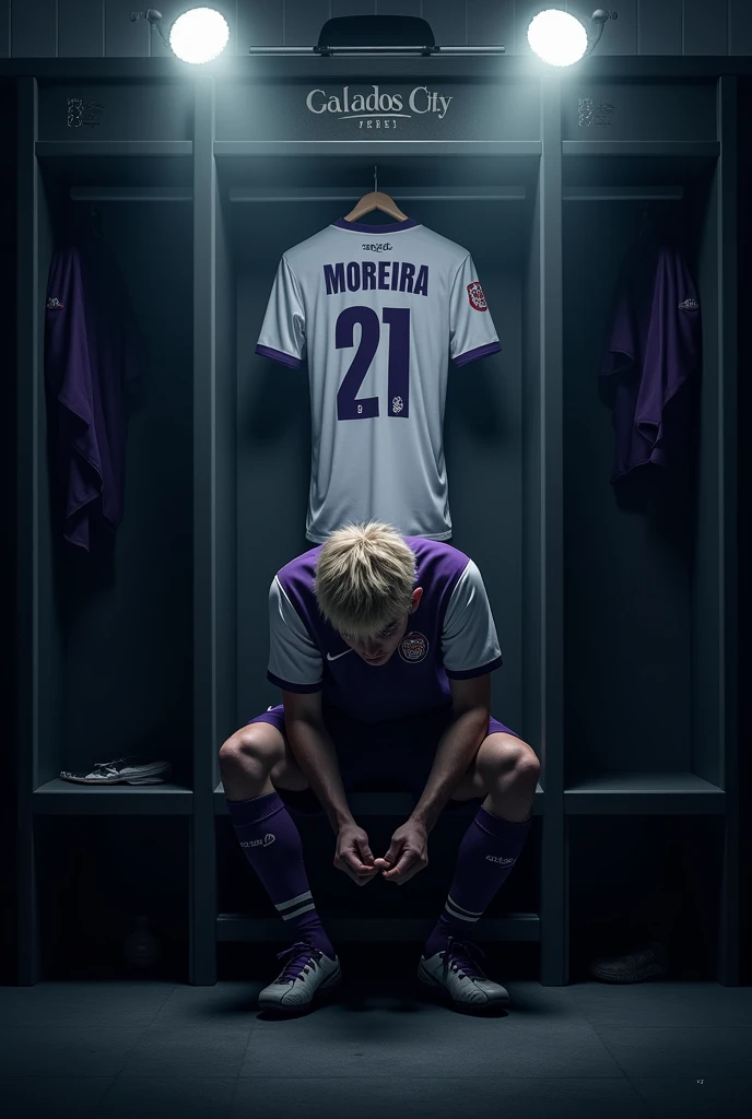 Make an image of ONE player tying his boots alone, with lights completely obscuring his face and him with short, light blonde hair, the locker room is dark and the spotlights are shining on him and the Galados City team, uniform in white and purple colors and I want you to put a shirt behind and on top of it with the number 21 and the name MOREIRA. Make your surroundings completely dark. LET HIM keep his head completely down and focused, and I just want 1 shirt behind him. put the team name “Galados City” on a sign above the shirt and below the spotlight. let him sit on a bench. put on just 1 shirt and that shirt will be above it, on a coat rack and below the sign “Galados City”. the shirt above him in purple and white. make the player very angry and really wanting to win