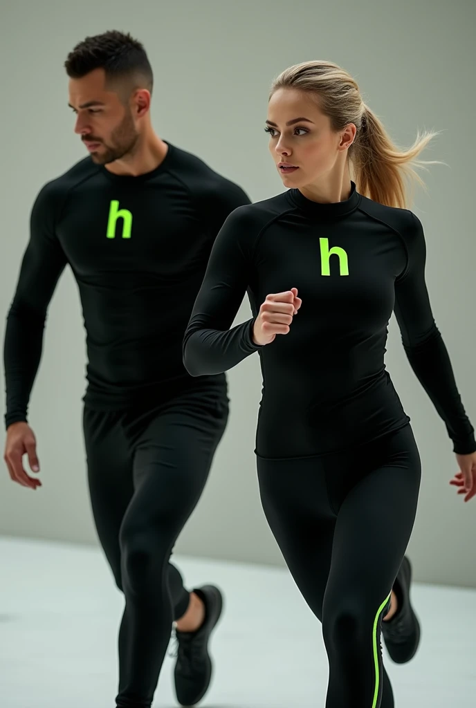 Image of man and woman exercising in black long sleeve sportswear with lime green H logo