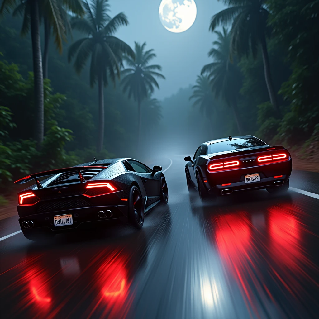 A matte black Lamborghini Huracán with a matte black red-eye Dodge Challenger Hellcat, both with red headlights, racing against each other on a dark rainy night on a shiny bumpy road next to a jungle when the moon is in the sky showing from the front, Full quality 