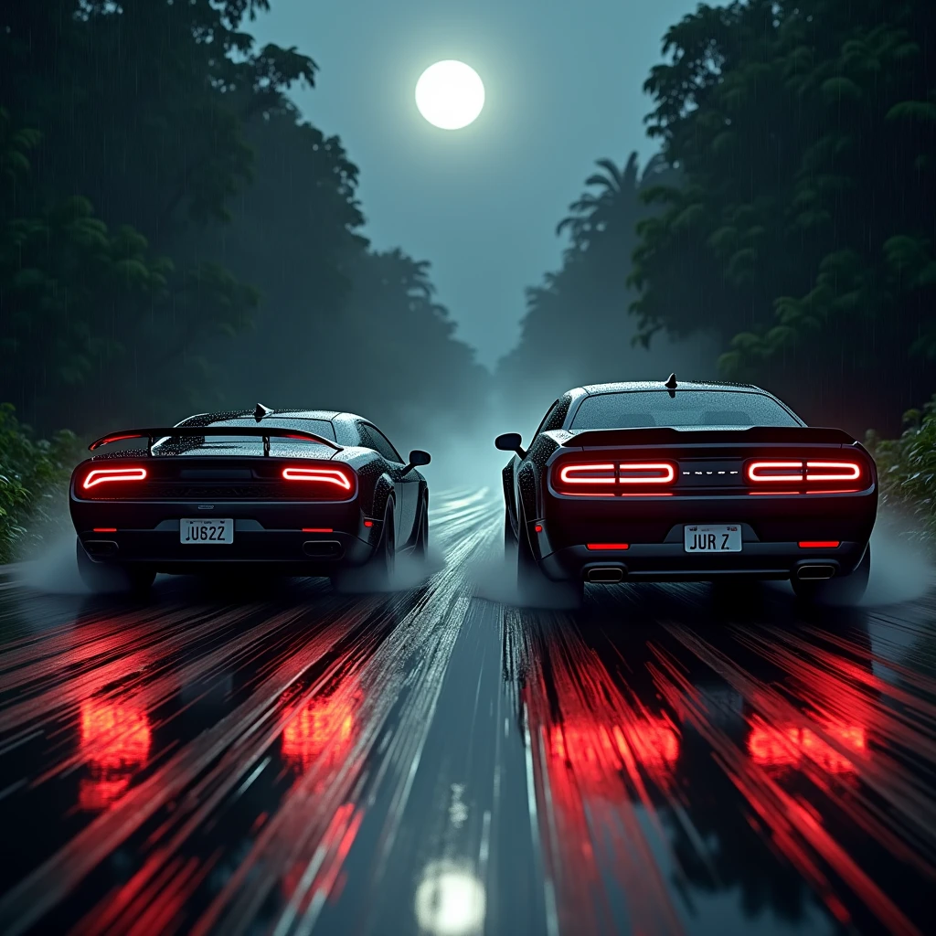 A matte black Lamborghini Huracán with a matte black red-eye Dodge Challenger Hellcat, both with red headlights, racing against each other on a dark rainy night on a shiny bumpy road next to a jungle when the moon is in the sky showing from the front, Full quality