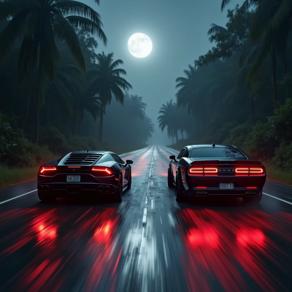 A matte black Lamborghini Huracán with a matte black red-eye Dodge Challenger Hellcat, both with red headlights, racing against each other on a dark rainy night on a shiny bumpy road next to a jungle when the moon is in the sky showing from the front, Full quality
