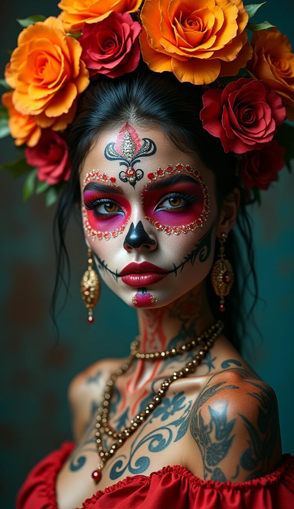 beautiful detailed eyes, beautiful detailed lips, extremely detailed eyes and face, ruby red irises, thick eyebrows, ((full length portrait)), girl with multi-color day of the dead makeup, (nude figure:1.4), dramatic lighting, dramatic pose, intricate headdress, vibrant colors, cinematic composition, digital painting, hyper detailed, artstation, award winning, ((nude masterpiece)), (wide angle:1.4), (wearing nothing but high heels:1.4), contrapposto stance, mid-stride strutting, whole body tattooed, body jewellery, accurate nipples, defined areola, rosy pink areola, (color orange:-1.3)