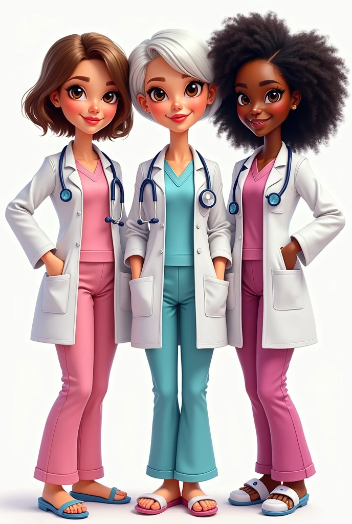 Create 3 Barbie-type caricatures with medical pajamas and a doctor&#39;s coat, one with short brown hair and a medium-chubby body , brown eyes, the other one has short white hair, brown eyes and the other one has dark skin, black curly hair and black eyes ,adult women