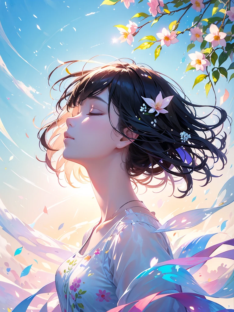(masterpiece、Highest quality、Highest quality、Beautiful and beautiful:1.2)、Excellent anatomy、（Watercolor painting 1.5）、Long Shot、straight short hair images、Trendy Hair Color, Beautiful Face、Beautiful profile, Looking up to the sky, I close my eyes and pray, Fairy, 蝶のFairyのコスチューム、Pure white、Pure、charm, Colorful flowers of different colors, Flower and leaf wind、Botanical Art,