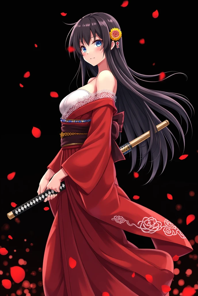 Wearing a red kimono、Open your shoulders and legs、Show off your beautiful breasts、Red rose petals and lace on a black background、A samurai's sword、Feel the wind。