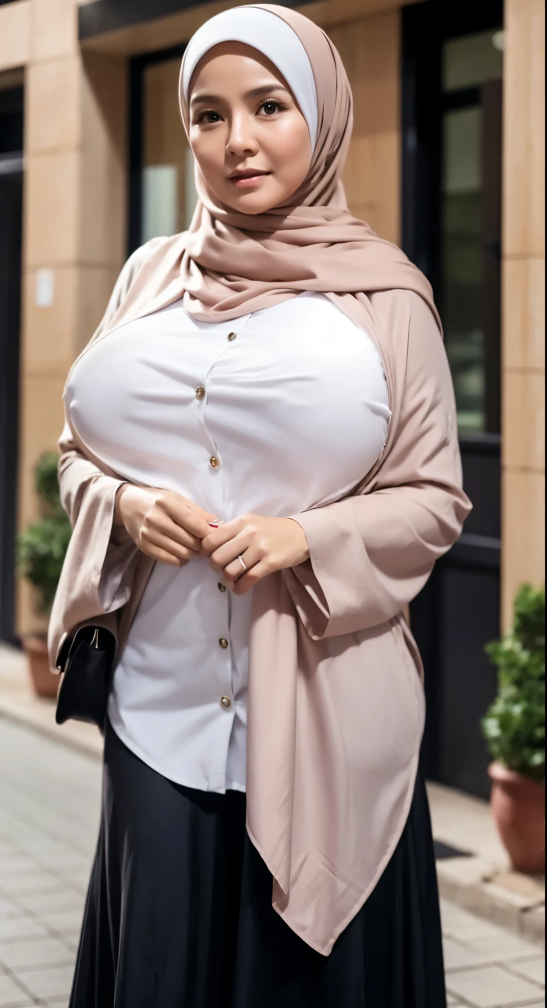 50 years Old, Hijab Indonesian mature woman, Big Tits : 66.9, Gamis, Breast out from her clothes : 1.9, at doctor office, Dark light, at Nighttime, big breast