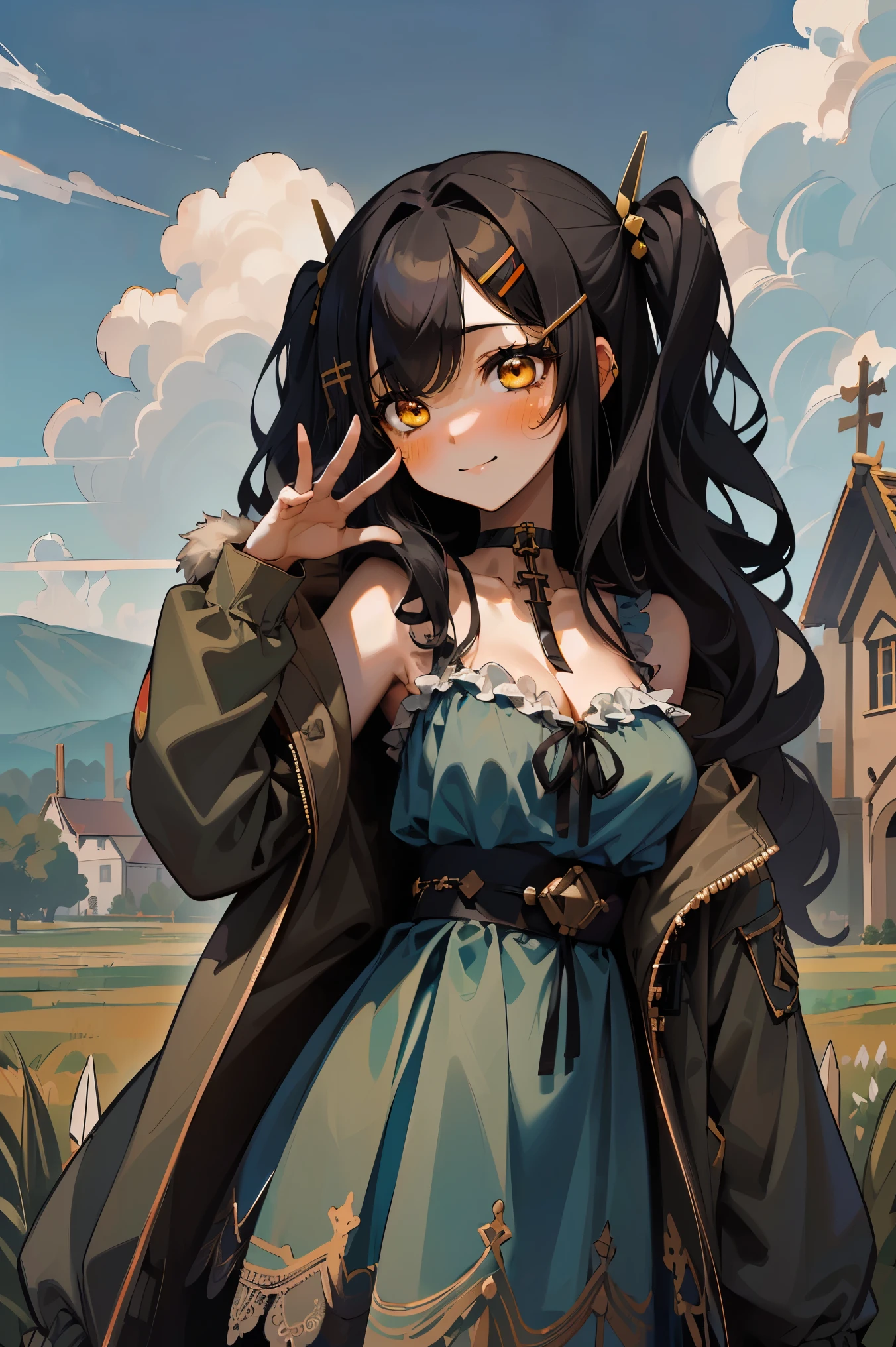 (masterpiece:1.2), (high quality:1.2), girls with((1girl, solo, black hair, yellow eyes, (wavy long hair, one side up, hairclips:1.3), blush, breasts, choker, cleavage, coat, cowboy shot, blue lace dress, camisole, ribbon waist belt, black ribbon belt, red bow, red ribbon, neck ribbon, collar, collarbone, rosary, rosary choker, cross, fur, fur trim, parka, khaki hoodie, green hoodie, khaki jacket, hood down, hooded coat, hooded jacket, hoodie, jacket, large breasts, long sleeves, medium breasts, open clothes, open coat,open hoodie, sleeveless, winter clothes, zipper, cleavage, upper body, hand up, waving, palm)), background with((architecture, blue sky, bush, castle, village, no humans, cloud, cloudy sky, day, field, garden, grass, hill, house, lamppost, landscape, mountain, mountainous horizon, nature, no humans, outdoors, scenery, shrine, sky))