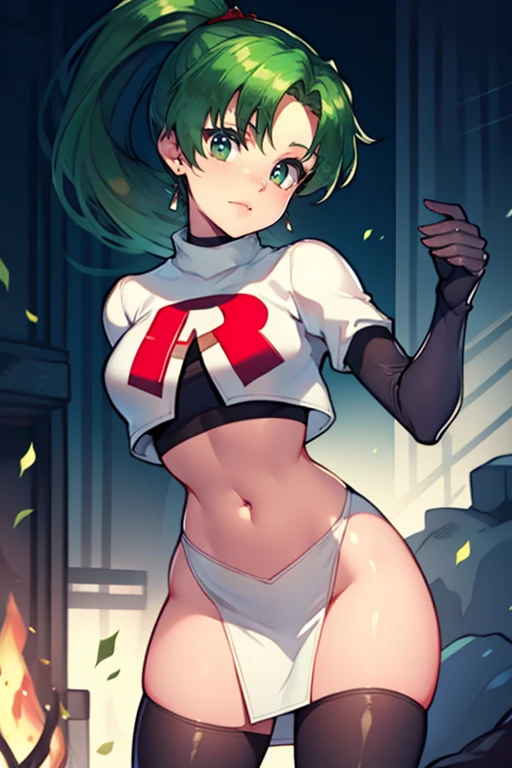 lyn, ponytail, green eyes, green hair ,team rocket uniform, red letter R, white skirt,white crop top,black thigh-high boots, black elbow gloves, evil smile, looking at viewer, cowboy shot,  green  pantyhose 