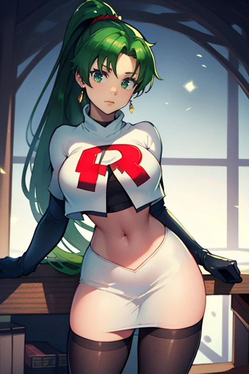 lyn, ponytail, green eyes, green hair ,team rocket uniform, red letter R, white skirt,white crop top,black thigh-high boots, black elbow gloves, evil smile, looking at viewer, cowboy shot,  green  pantyhose 