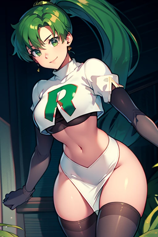 lyn, ponytail, green eyes, green hair ,team rocket uniform, red letter R, white skirt,white crop top,black thigh-high boots, black elbow gloves, evil smile, looking at viewer, cowboy shot,  green  pantyhose 