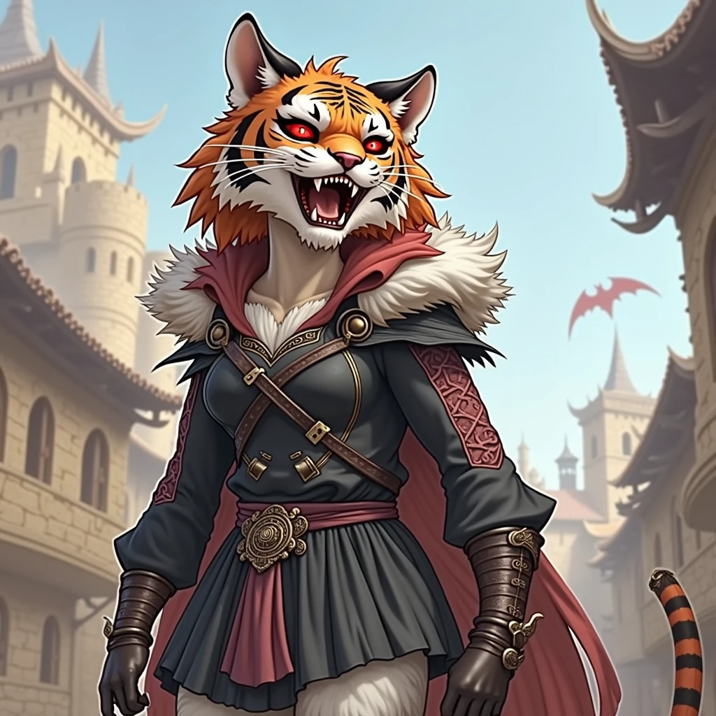 medieval black clothing, tigre ,white fur, Eyes red, anger