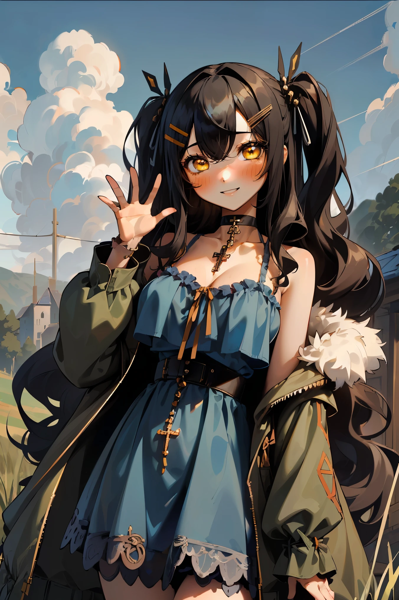 (masterpiece:1.2), (high quality:1.2), girls with((1girl, solo, black hair, yellow eyes, (wavy long hair, one side up, hairclips:1.3), blush, breasts, choker, cleavage, coat, cowboy shot, blue lace dress, camisole, ribbon waist belt, black ribbon belt, red bow, red ribbon, neck ribbon, collar, collarbone, rosary, rosary choker, cross, fur, fur trim, parka, khaki hoodie, green hoodie, khaki jacket, hood down, hooded coat, hooded jacket, hoodie, jacket, large breasts, long sleeves, medium breasts, open clothes, open coat,open hoodie, sleeveless, winter clothes, zipper, cleavage, upper body, hand up, waving, palm)), background with((architecture, blue sky, bush, castle, village, no humans, cloud, cloudy sky, day, field, garden, grass, hill, house, lamppost, landscape, mountain, mountainous horizon, nature, no humans, outdoors, scenery, shrine, sky))