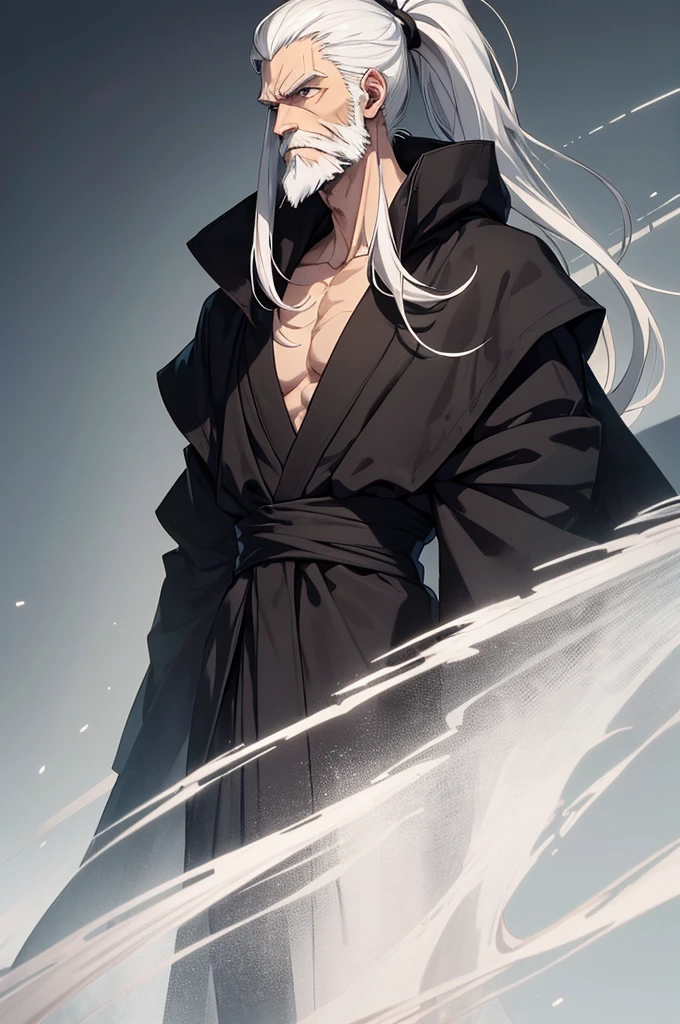 Tall Man, 1.88, skinny with a marked body. White hair and a characteristic ponytail. White beard and a long scar around the carotid artery on his neck. The thinnest hands and with a perfect pulse. Anime style and very young, that he has a long black robe