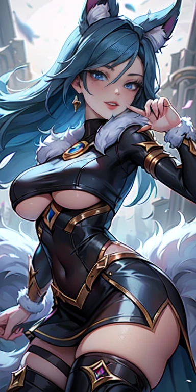 masterpiece, 8k, art style by sciamano240, Very detailed face, detailed clothing, detailed fabric, 2 girls, ( Katarina sworn to death (league of legends 1.1)) beautiful face, long asymmetrical hair, light blue fur, exposed navel, Black thigh high boots, very detailed blue eyes, leather pencil miniskirt, Nice smile, posing in front of the camera, looking at the viewer, posing with his back to the viewer, day, Full view,
