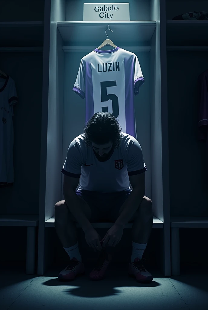 Make an image of ONE player tying his boots alone, with lights completely obscuring his face and him with black wavy hair and beard, the locker room is dark and the spotlights are shining on him and the Galados City team, uniform in white and purple colors and I want you to put a shirt behind and on top of it with the number 5 and the name LUIZIN. Make your surroundings completely dark. LET HIM keep his head completely down and focused, and I just want 1 shirt behind him. put the team name “Galados City” on a sign above the shirt and below the spotlight. let him sit on a bench. put on just 1 shirt and that shirt will be above it, on a coat rack and below the sign “Galados City”. the shirt above him in purple and white